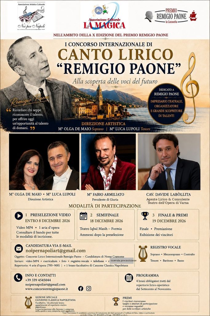 CONCORSO INTERNAZIONALE DI CANTO LIRICO “REMIGIO PAONE”: LE VOCI DEL FUTURO INCONTRANO IL MONDO DELL’OPERA. ORA LE CANDIDATURE VIDEO ANCHE VIA WHATSAPP